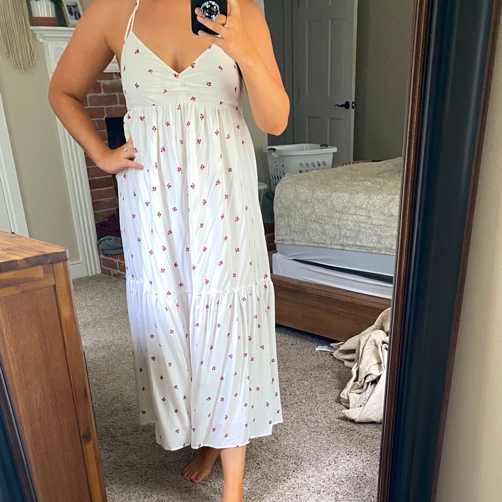 White and red/pink floral halter dress
